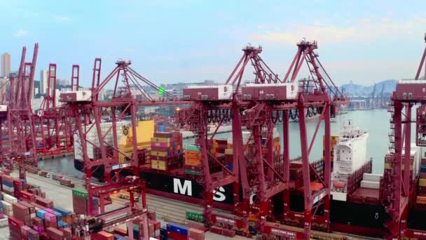 Hong Kong, China - 2020: ship in port, container loading, aerial view — Stockvideo