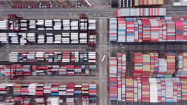 Container terminal - view from above, many multi-color containers and cranes