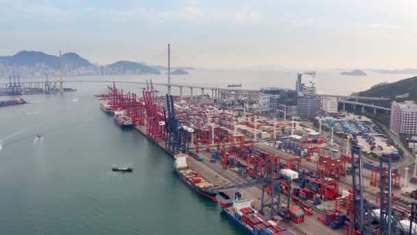 Hong Kong - 2020: Kwai Tsing Container Terminal 9 y Stonecutters Bridge desde arriba — Vídeos de Stock