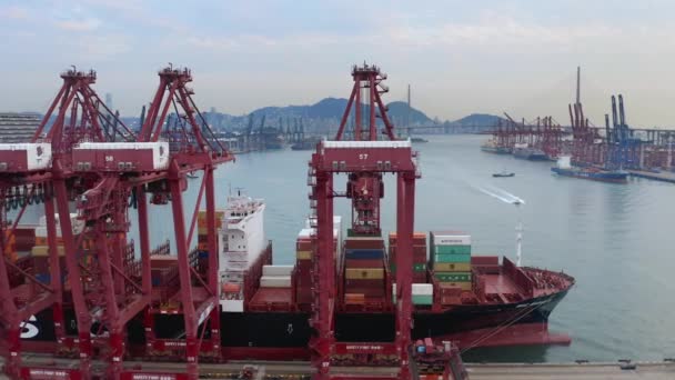 Hong Kong, China - 2020: kranen laden containers op een schip, vanuit de lucht bekijken — Stockvideo