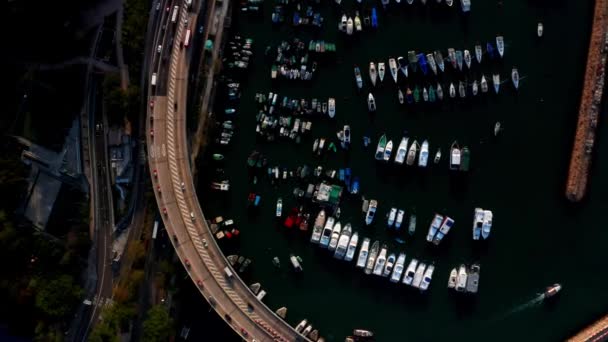 Yacht och båt parkering vid Causeway Bay Typhoon Shelter, Hongkong, Flygfoto — Stockvideo