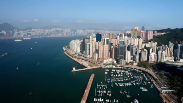 Hong Kong, China - 2020: Kowloon Bay en Causeway Bay Typhoon Shelter van bovenaf — Stockvideo