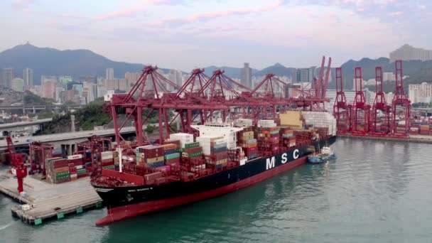 Hong Kong, China - 2020: um navio está no porto, carregamento de contêineres, vista aérea — Vídeo de Stock