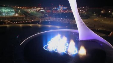 Sochi, Rusya - 2014: yukarıdan geceleyin Sochi Olimpiyat Parkı 'nda çeşme