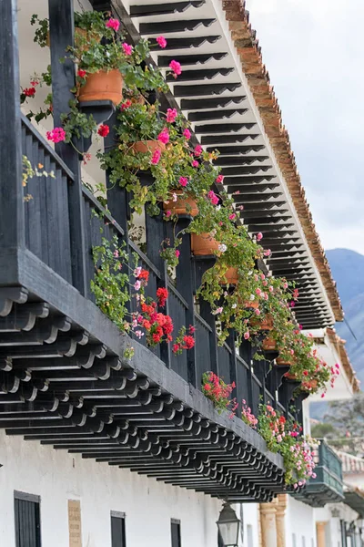 Balcón Colonial Con Decoración Fower Villa Leyva Colombia — Foto de Stock