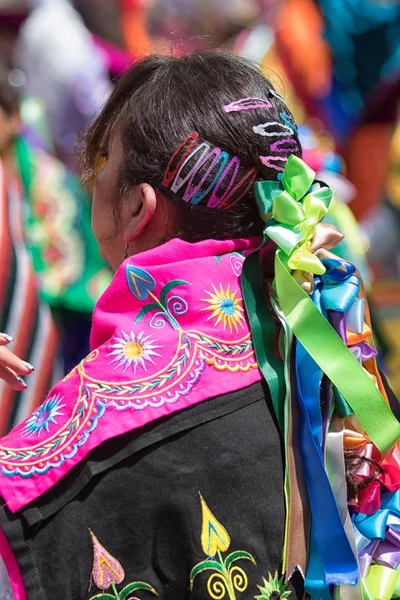 Czerwca 2017 Pujili Ekwador Kolorowe Ubranie Włosy Ozdoba Noszone Przez — Zdjęcie stockowe