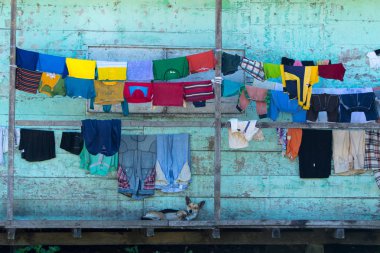 6 Haziran 2017 Jondachi, Ecuador: renkli ev ahşap plakalar Amazon alanda yapılmış verandada kurutma giyim