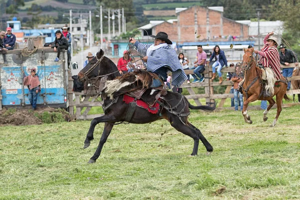 2017 日マチャチ エクアドル 従来のポンチョとチャップス革なげなわを手で保持している馬に乗ってカウボーイ — ストック写真