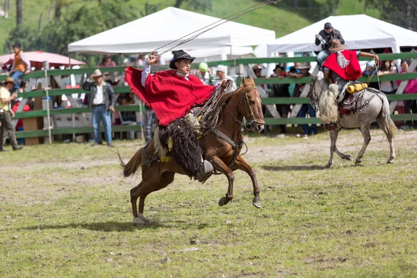 Maja 2017 Sangolqui Ekwador Cowboy Rzucanie Lasso Podczas Jazdy Koniu — Zdjęcie stockowe
