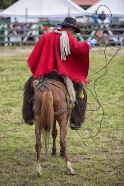 27 Mayıs 2017 Sangolqui, Ecuador: kovboy at sırtında bir deri Kement kırsal bir rodeo kadar tutan geleneksel aşınmaya