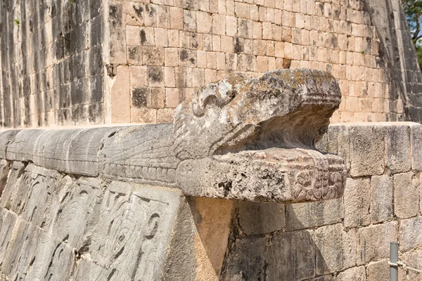 Esculpido Cobra Cabeça Closeup Chicen Itza Sítio Arqueológico Mayan México — Fotografia de Stock