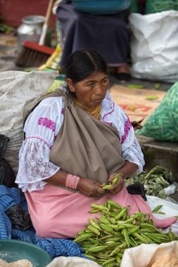 Otavalo, Ekvator - 30 Aralık 2017: tatlı bezelye haftalık çiftçi pazar içinde temizlik yerli bir kadının