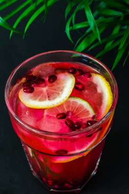 Soğuk limonade garnet tohum ve turuncu dilim ile arka plan üzerinde yeşil palmiye yaprakları