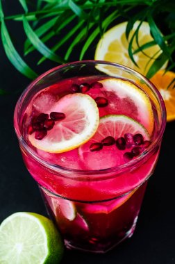 Soğuk limonade garnet tohum ve turuncu dilim ile arka plan üzerinde yeşil palmiye yaprakları