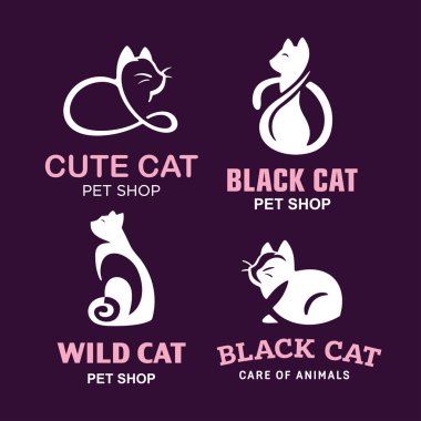 İllüstrasyon kedi set logo, amblem tasarımı siyah arka plan üzerine evde beslenen hayvan