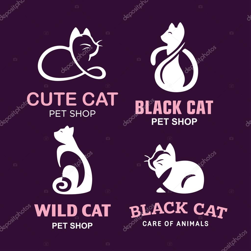 Set logo illustration cats, pet emblem design on black background.