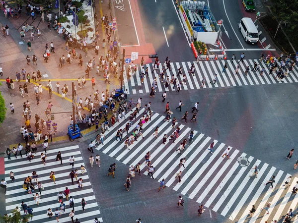 Shibuya, Japonsko - 23 9 19: Lidé přecházejí Shibuya Crossing ve večerních hodinách s kompletní přechod v pohledu — Stock fotografie