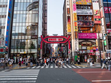 Shinjuku, Japonya - 30-8-19: Gündüz Kabukicho 'nun giriş ve işaretleri.
