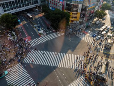 Shibuya, Japonya - 23: 19 Akşamları Shibuya Geçidi 'nden geçen insanlar