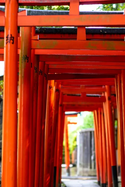 Tokio, Japonia - 9 8 2019: Rzędy czerwonych łuków torii w świątyni Nezu — Zdjęcie stockowe