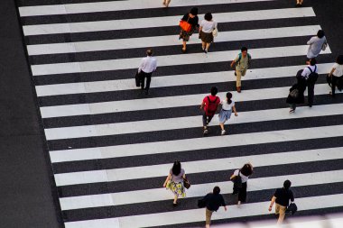 Tokyo, Japonya - 9-8-19: İnsanlar Zebra Geçidi 'nden geçerken görüldü