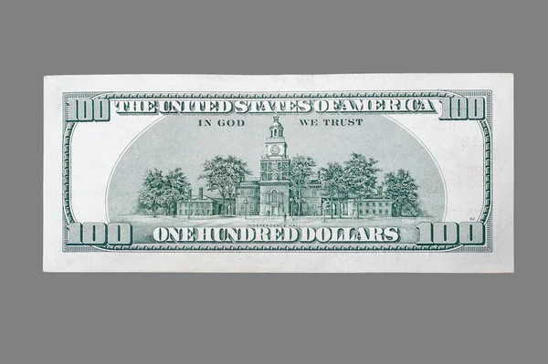 背面100美元的钞票在孤立的灰色背景上 — 图库照片
