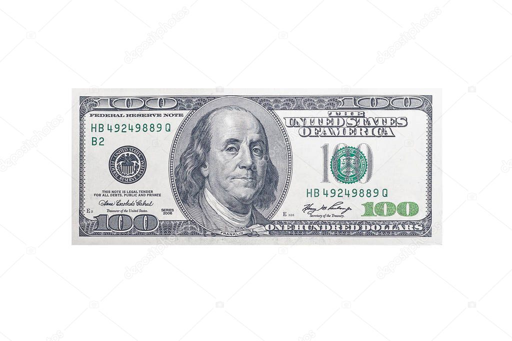 one hundred US dollar bill with a portrait of American President Franklin on an isolated white background