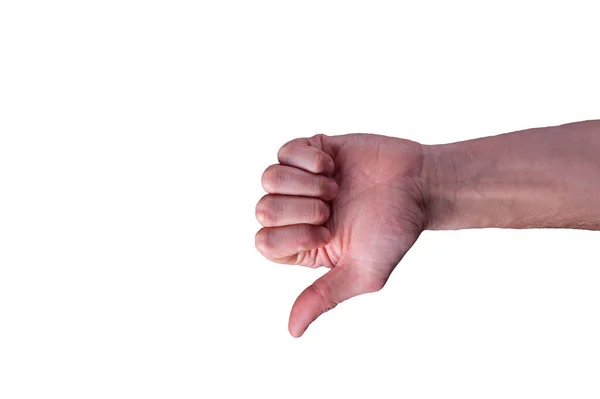 Λευκό Χέρι Άνδρα Δείχνει Αντίχειρες Προς Κάτω Σημάδι Απομονωμένο Λευκό — Φωτογραφία Αρχείου