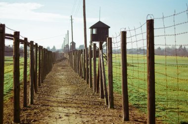 Dikenli teller ve Alman toplama ve imha kampı Majdanek 'teki gözetleme kulesi arasında bir yol. Lublin, Polonya