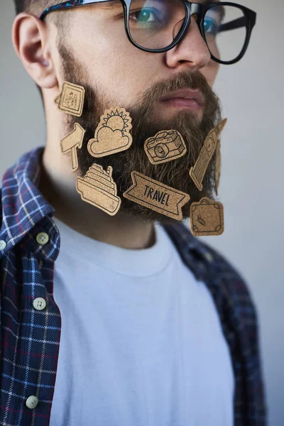 Handsome Man Glasses Stickers Beard Gray Background — Stock Photo, Image