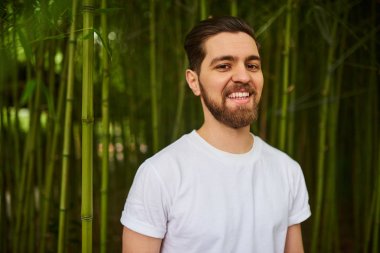 Portrait of handsome smiling bearded man in green garden clipart