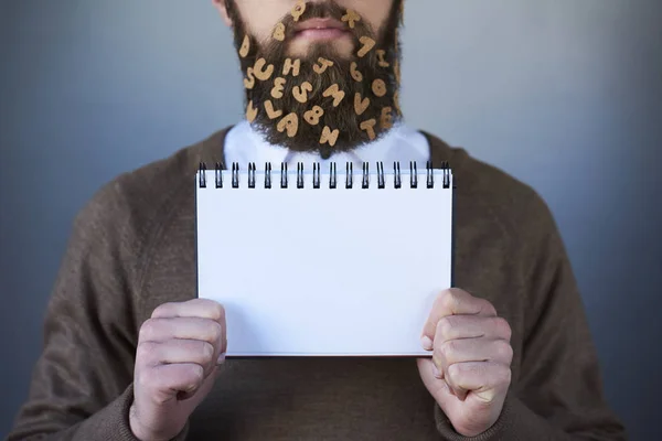 Primer Plano Del Hombre Barbudo Guapo Con Pegatinas Letras Sobre —  Fotos de Stock