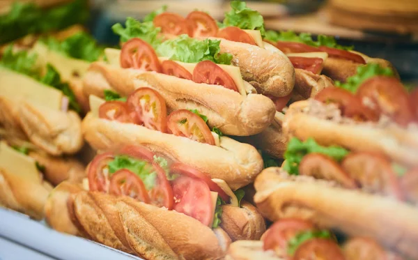 Closeup Delicious Sandwiches Tomatoes Stall — Stock Photo, Image