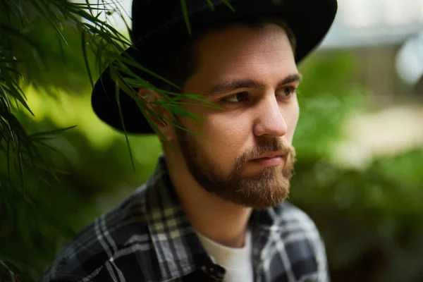 Retrato Primer Plano Del Guapo Hombre Barbudo Elegante Con Sombrero — Foto de Stock