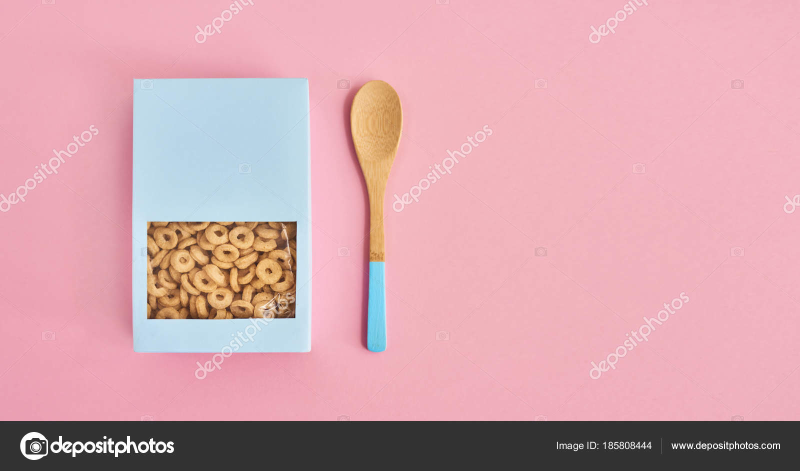 Download Box Cereals Spoon Pink Background Top View Design Mockup Space Stock Photo Image By C Agavestudio 185808444