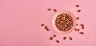 Tahıl pembe arka plan, üstten görünüm üzerinde pembe plaka