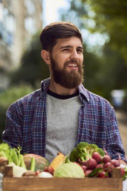 Genç adam sağlıklı organik sebzeli ahşap kutu tutan yaz park arka plan bulanık