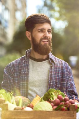 Genç adam sağlıklı organik sebzeli ahşap kutu tutan yaz park arka plan bulanık