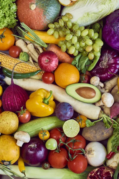 Összetétele Vegyes Nyers Bio Zöldségek Gyümölcsök Felett Háttér Szemközti Nézet — Stock Fotó