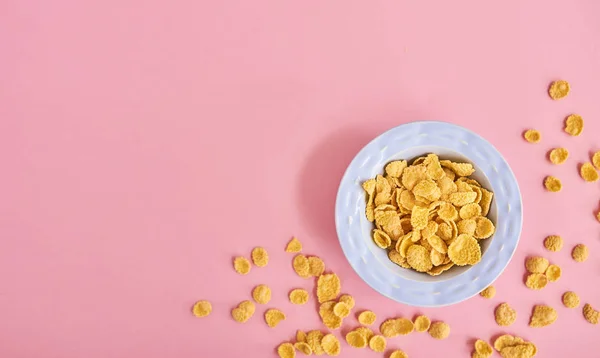 Blue plate of cereals on pink background, top view. Design mockup with space to input your text