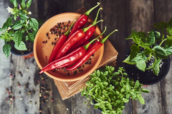 Bovenaanzicht Van Samenstelling Met Rode Hete Peper Likdoorns Peper Peulen — Stockfoto