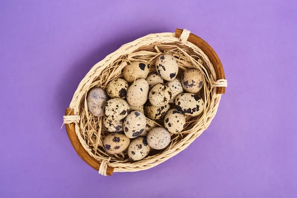 Top View Fresh Quail Eggs Wooden Basket Purple Background — Stock Photo, Image
