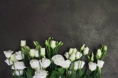 Bahar beyaz eustoma çiçekler koyu arka plan, sizin metin için yer ile tebrik kartı. Üstten Görünüm