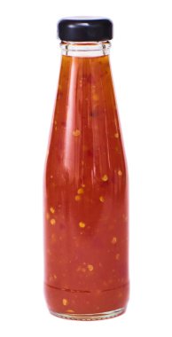 Domates ketçap şişesi. Beyaz arkaplanda izole