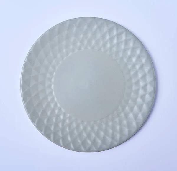 Placa Redonda Cerâmica Vazia Isolada Fundo Branco — Fotografia de Stock