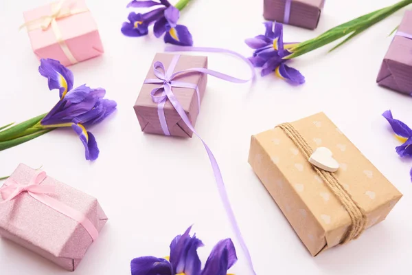 Kartu Ucapan Dengan Bunga Iris Musim Semi Ungu Dan Kotak — Stok Foto