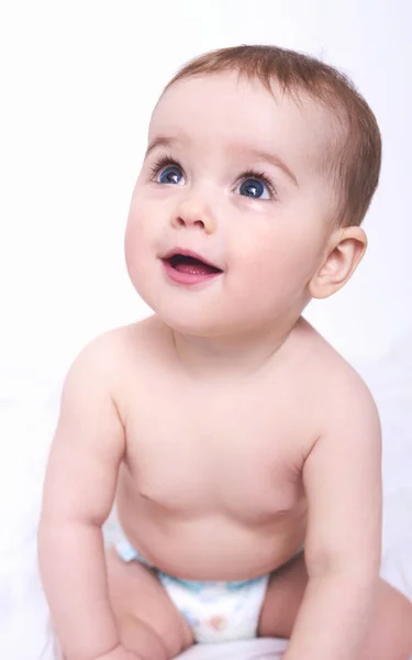 Portrait Cute Crawling Baby Bed Room — Stock Photo, Image