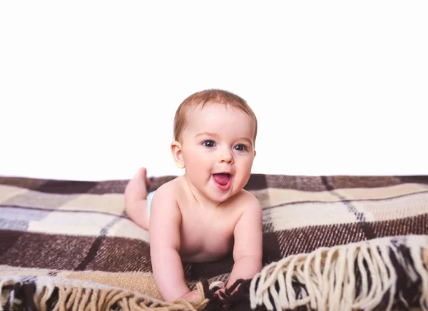 Portrait Cute Crawling Baby Bed Room — Stock Photo, Image