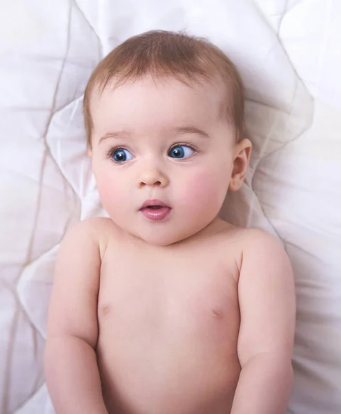 Portrait Cute Crawling Baby Bed Room — Stock Photo, Image