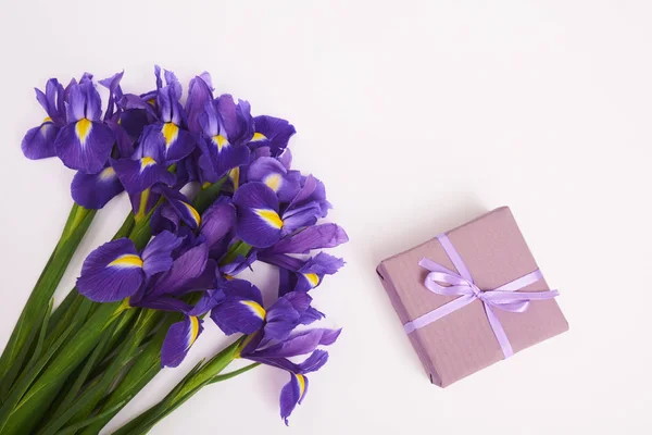 Вітальна Листівка Весняно Фіолетовими Квітами Подарунковою Коробкою Білому Тлі Вид — стокове фото